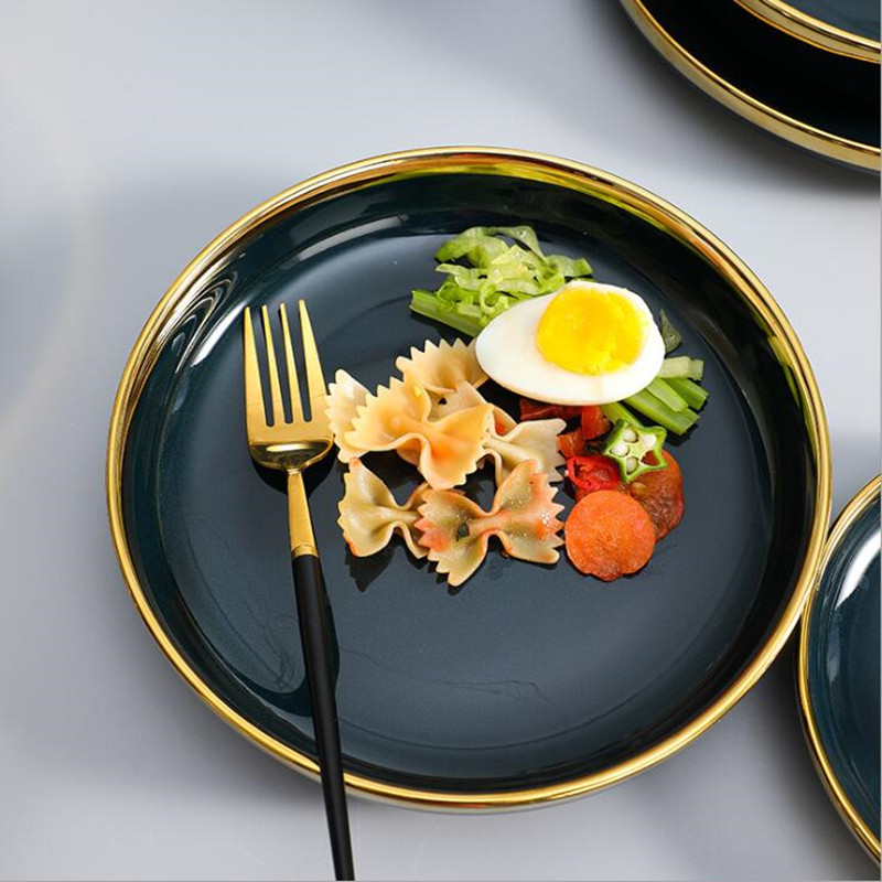 Gilt Rim Dark green Plate Steak Food Nordic Style Tableware Bowl Ins Dinner Dish High End Porcelain Dinnerware Set