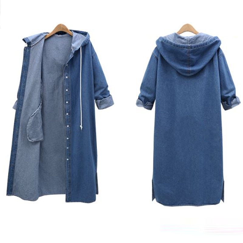 Women Loose Long Sleeve Hooded Denim Jacket Coat Ladies Casual Buttons Long Jean Coat Cardigan Outwear Tops