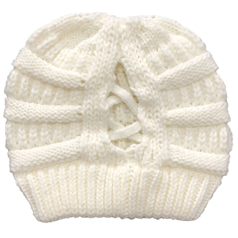 Volwassen Vrouwen Hoeden Wollen Gebreide Muts Herfst Winter Warm Skullcap Vrouwelijke Cross Paardenstaart Cap Skullies Mutsen: JY082-white