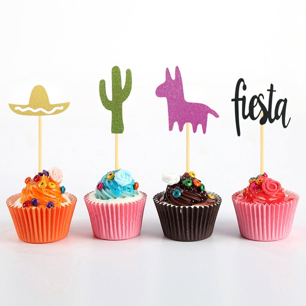 24/Pack of Mexican Carnival Theme Party Decorating Cake Insert Cactus Alpaca Fiesta Hat