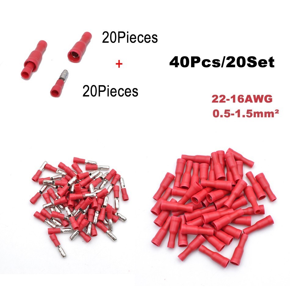 40Pieces 20Set Bullet Flag Wire electrical Connector Male Female Crimp Insulation Nylon Cable Terminals FRD MPD Car Terminator: Bullet RED 20SET