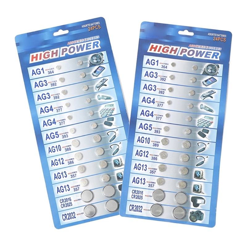 24pc/partia Zestaw Baterie mieszane AG1/AG4/AG4/AG5/AG10/AG12/AG13 dla zegarków zdalnych CR2025 Bateria komórkowa monety