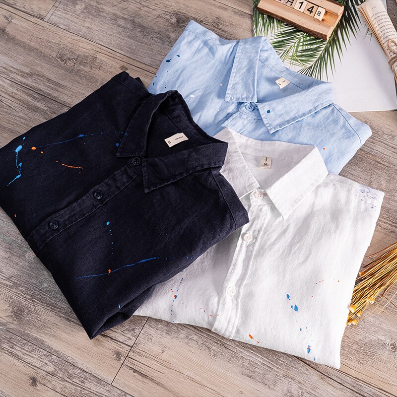 Projektant nowy z długim rękawem Casual 100% koszula lniana mężczyźni marka Trend malowanie kolor wygodny Top odzież koszulka Homme Camisas