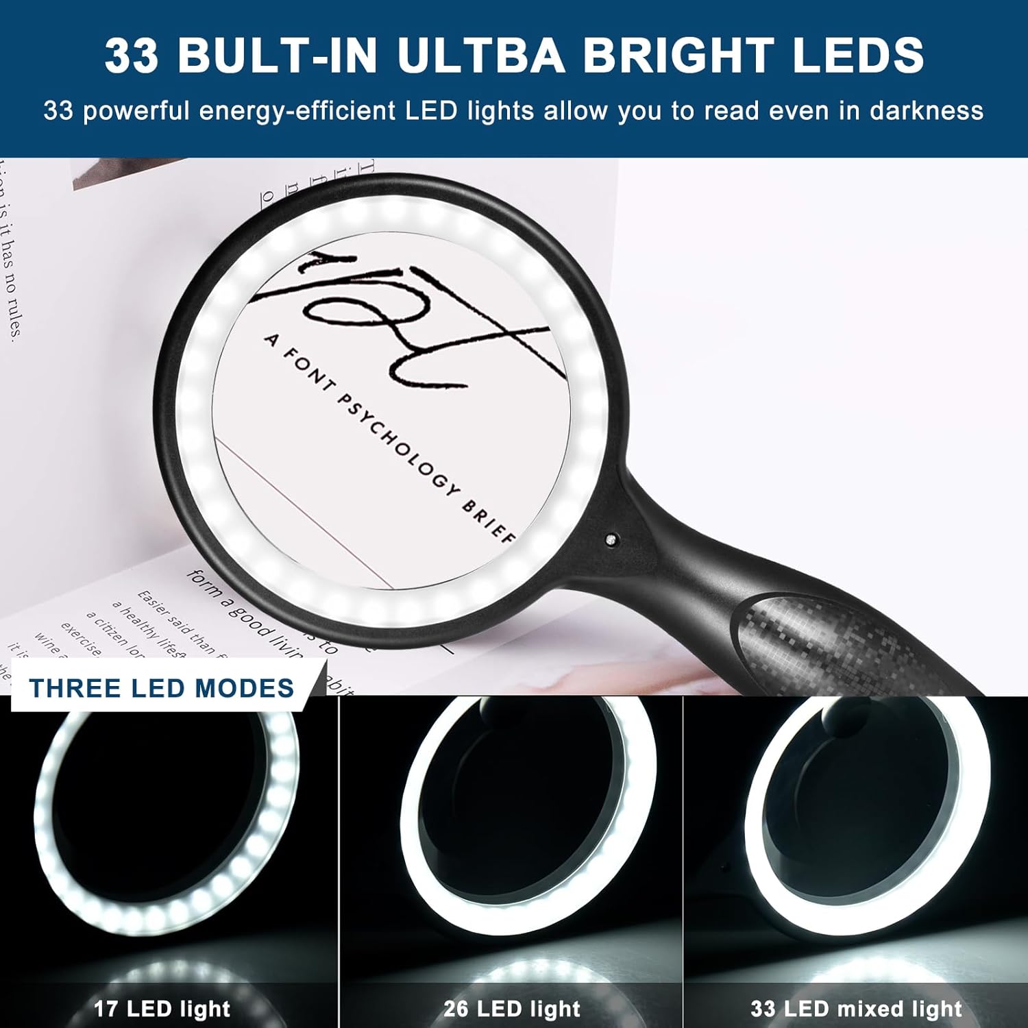 Large Magnifying Glass with Light, 60X 30X Handheld Rechargeable Illuminated Vision Aid Magnifier for Seniors Reading