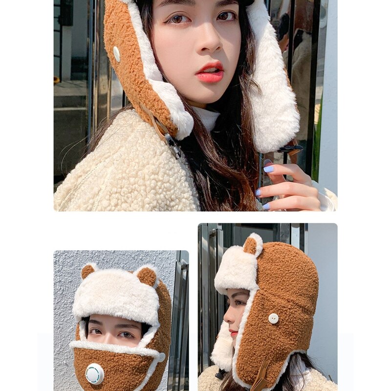 Vrouwen Cartoon Beer Oren Winter Trooper Trapper Hoed Met Verwijderbare Stofdicht Gezichtsmasker Thermische Fleece Voering Oorklep Cap