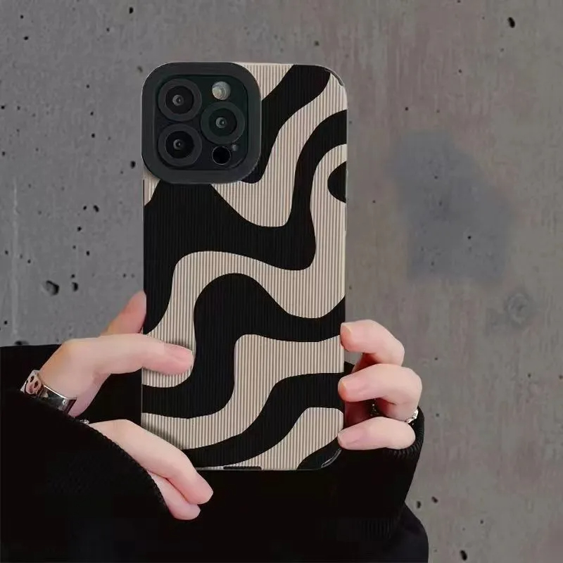 Coque arrière souple en silicone antichoc à rayures zébrées pour For iPhone, coques de téléphone, noir, blanc, 11, 13, 12, 14, 15, 16 Pro Max Plus,: PC / Black