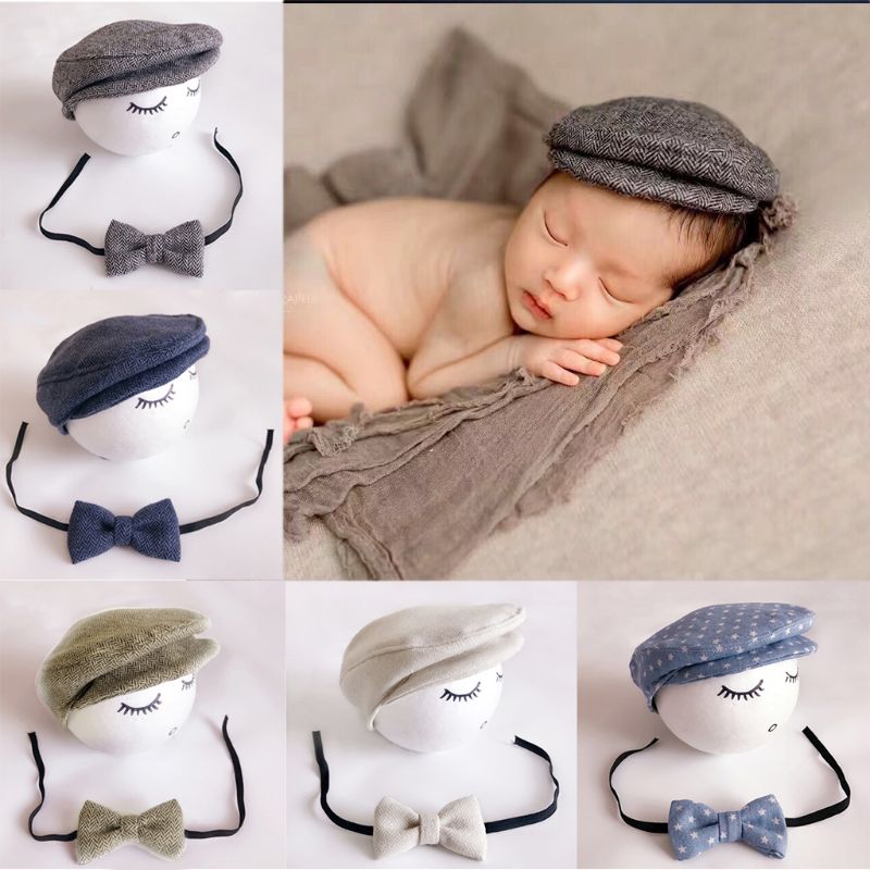 1 set gehaakte baby-peutermuts en stropdas, handgemaakte newborn fotografie-accessoires, babymutsje, mutsje, strikje voor baby's