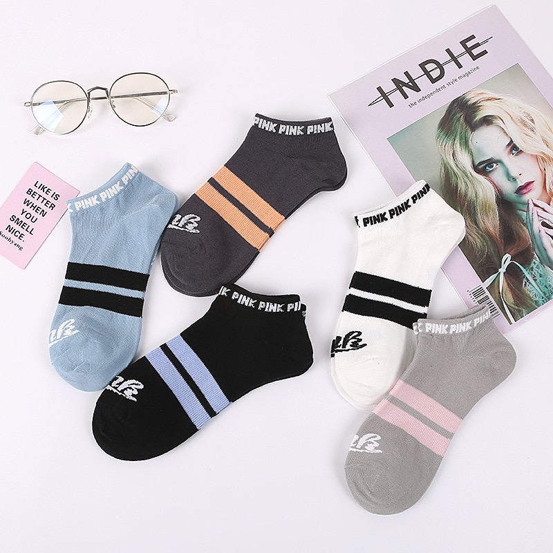 5 paar roze sokken met kleurrijke grappige sokken, roze letters, voetbalsokken, harajuku streetwear enkelsokken: 2