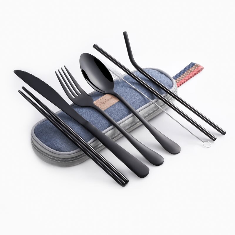 Serviesje Reizen Camping Bestek Set Herbruikbare Zilverwerk met Metalen Stro Lepel Vork Eetstokjes en Draagbare Case: black B