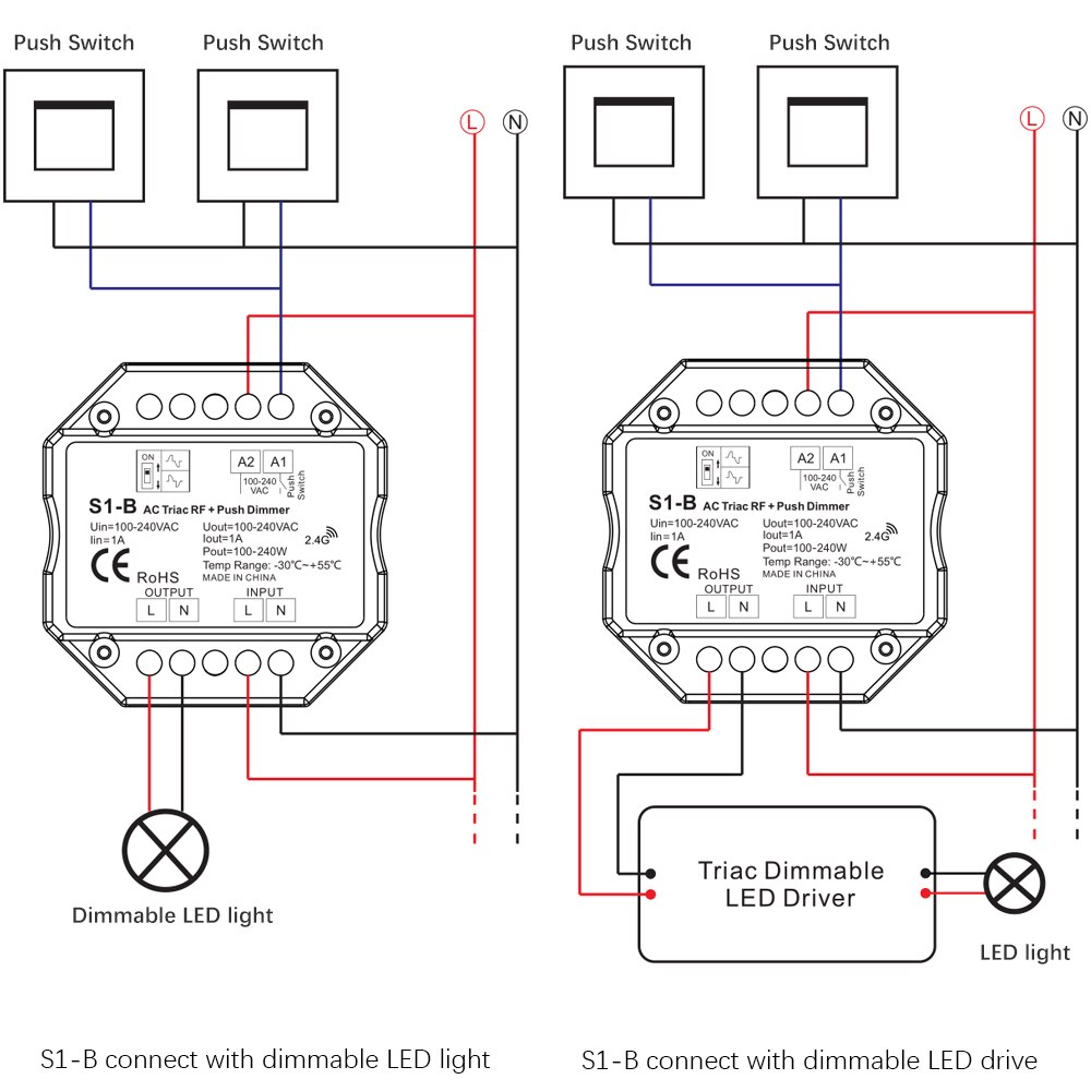 S1-B AC110v 220V 240V AC Triac RF Dimmer Output 100-240VAC 1A 240W Push Dimmer Switch