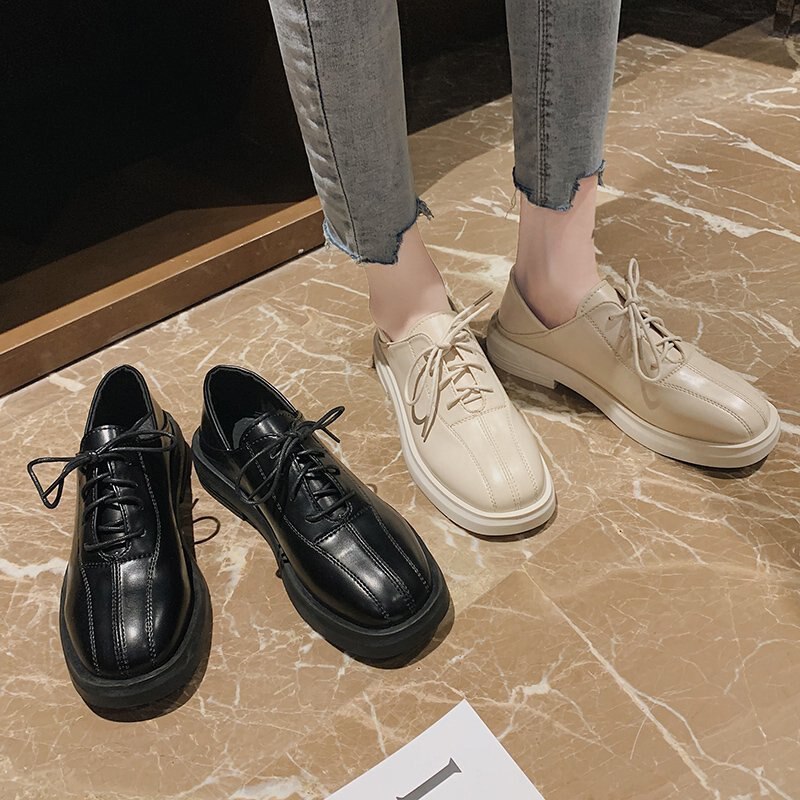 Noir Beige Oxford chaussures pour femmes printemps été décontracté mocassins en cuir synthétique polyuréthane Vintage à lacets plate-forme chaussures mocassins