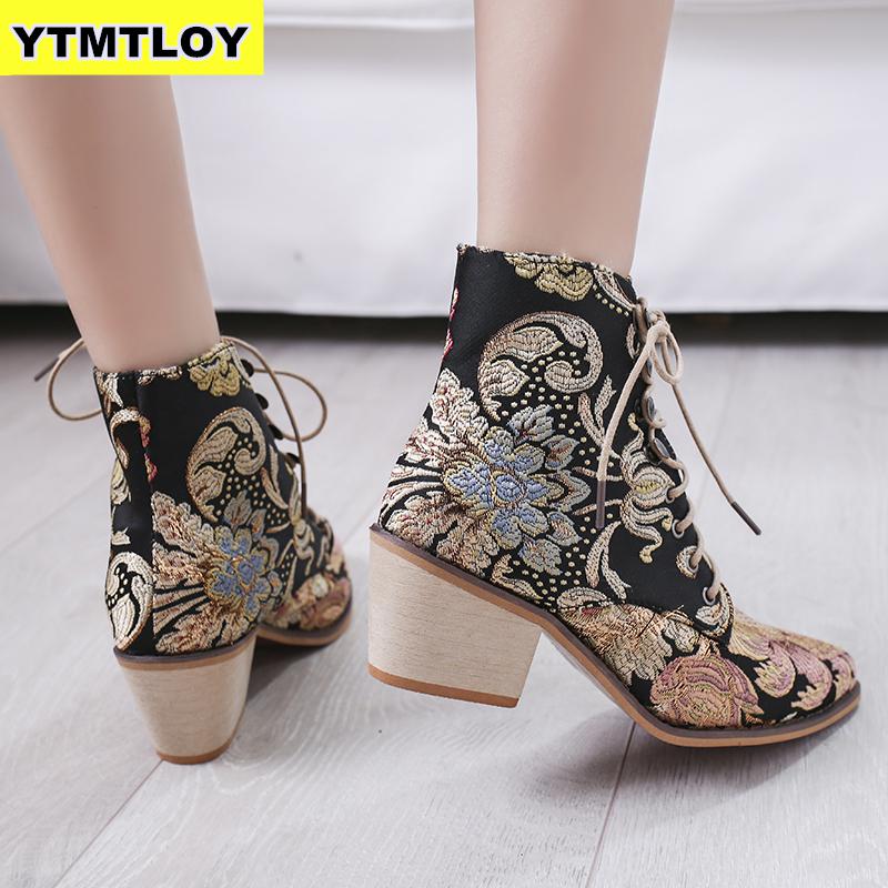 Retro bohemio, botas para mujer, botines estampados, botines de moto Vintage para mujer, novedad , botas de tacón alto bordadas