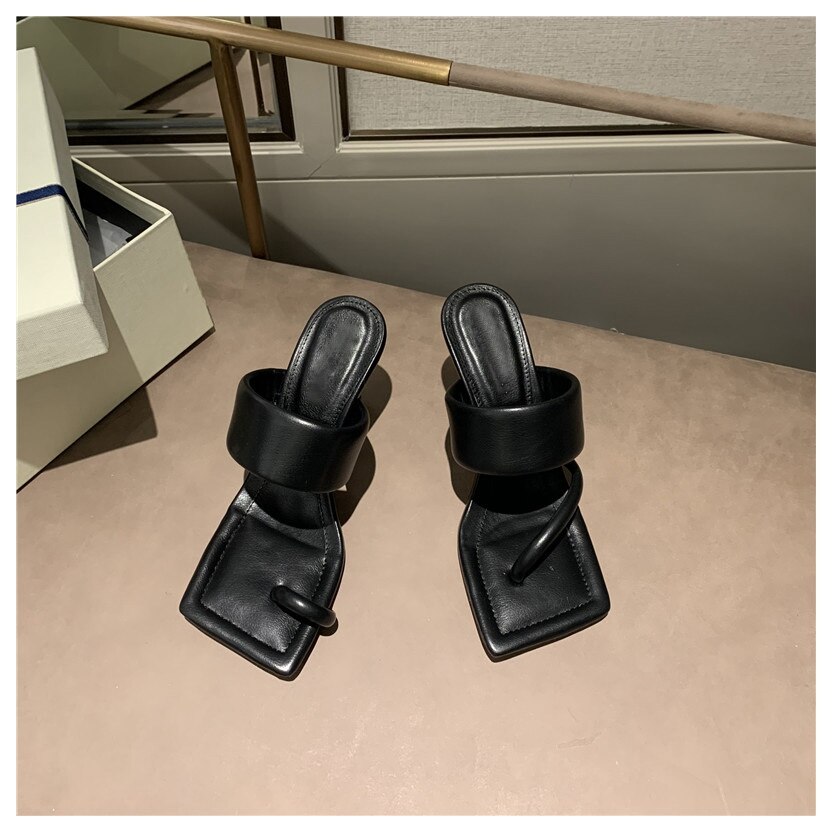 Hoge Hakken Sandalen Slippers Vrouwen Dunne Hakken Slippers Vierkante Teen Slides Party Schoenen Sandaal Schoenen Vrouwen Slipper slide: Black / 7.5