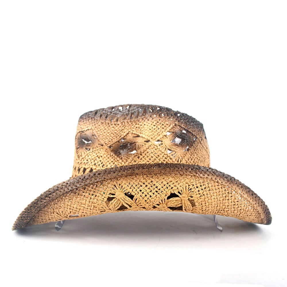 Stroh Hohl Western Cowboy Hut Frauen Männer HandmadeFedora Sombrero Hombre Strand Cowgirl Jazz Sonnenhut Größe 56-58 CM