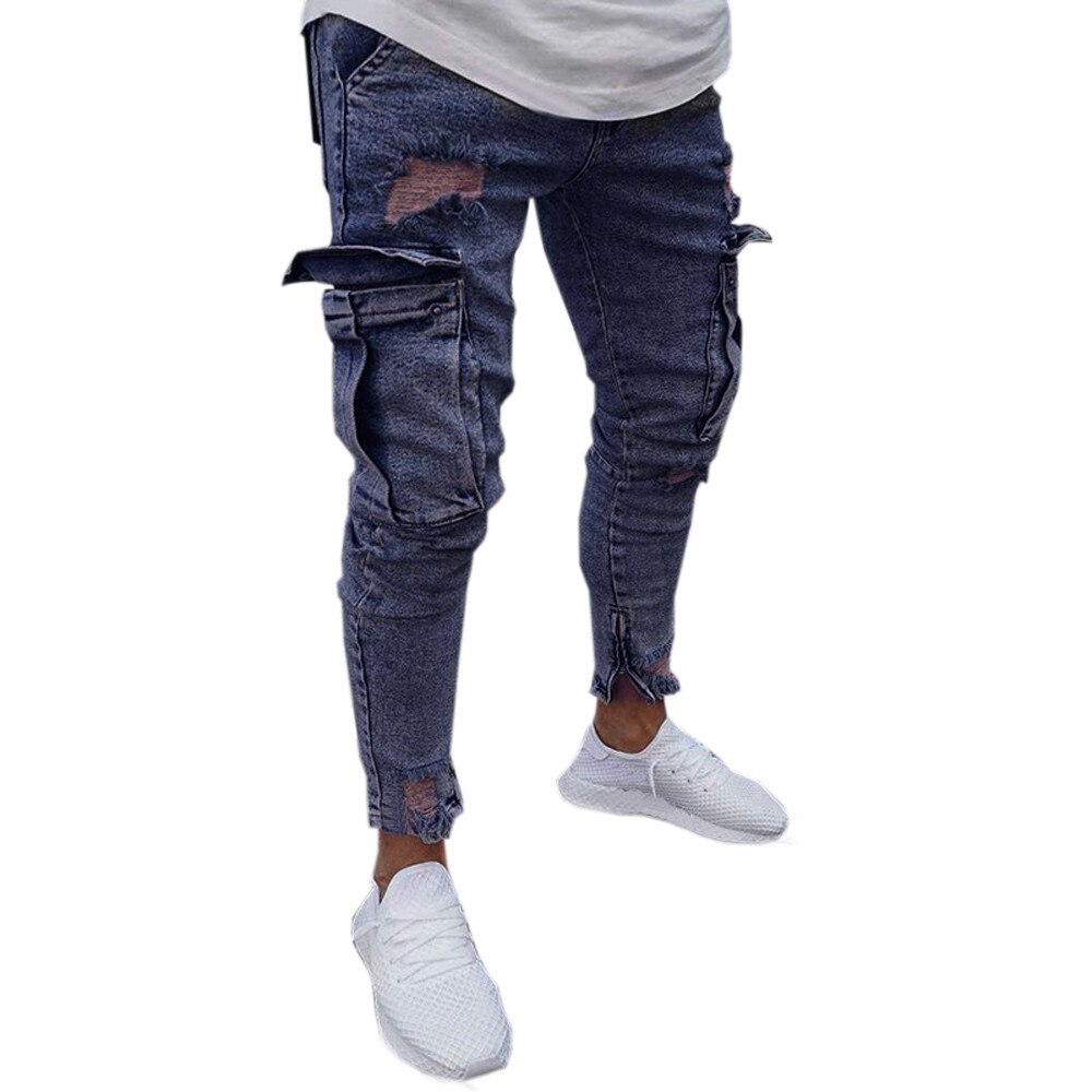 Skinny jeans voor heren stretch denim broek distressed ripped gerafelde slim fit pocket jeans broeken herenkleding: Marine / Ik