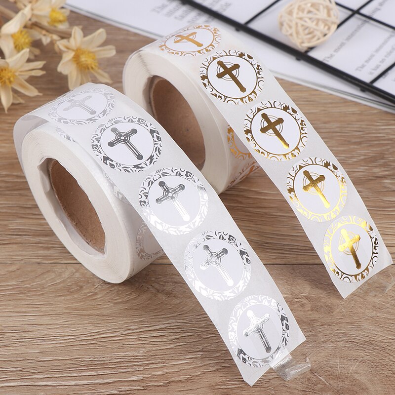 Religious Christian Cross Stickers Gold or Silver Foil Round Labels for Christening Communion Christian Occassions Sealing