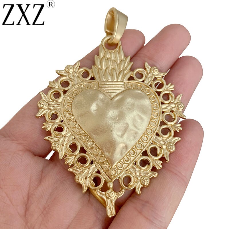 Zxz pingente de coração grande boho, 2 peças de ouro fosco com coração de amor para colar, acessórios para fazer joias, 81x56mm