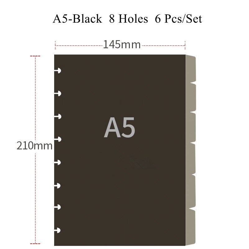 Separadores de índice coloridos de agujeros de seta A4/A5/B6, divisores de revistas, accesorios para cuadernos: A5-Black
