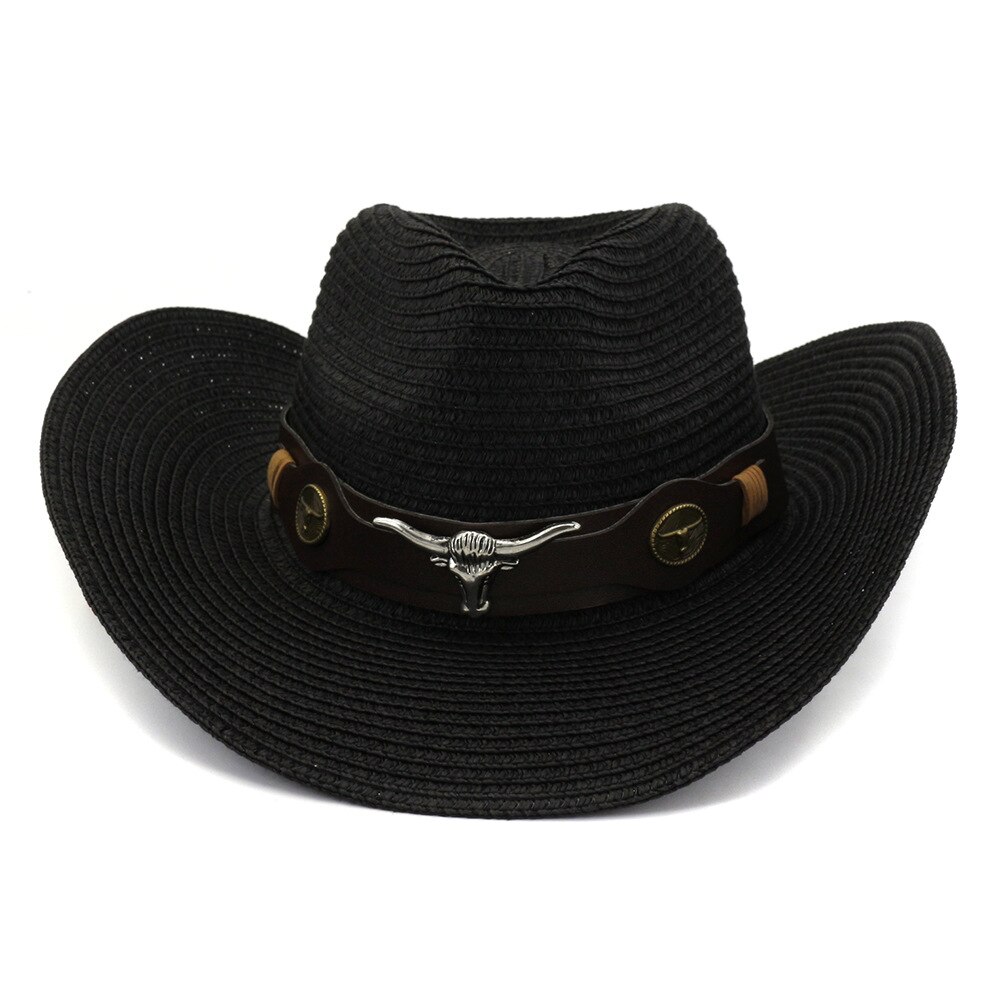 Qbhat unisex papir cowboy hatte bred skygge solbeskyttelseshætte mænd kvinder strand solhat solskærm cap jazz stråhat sombrero: Sort