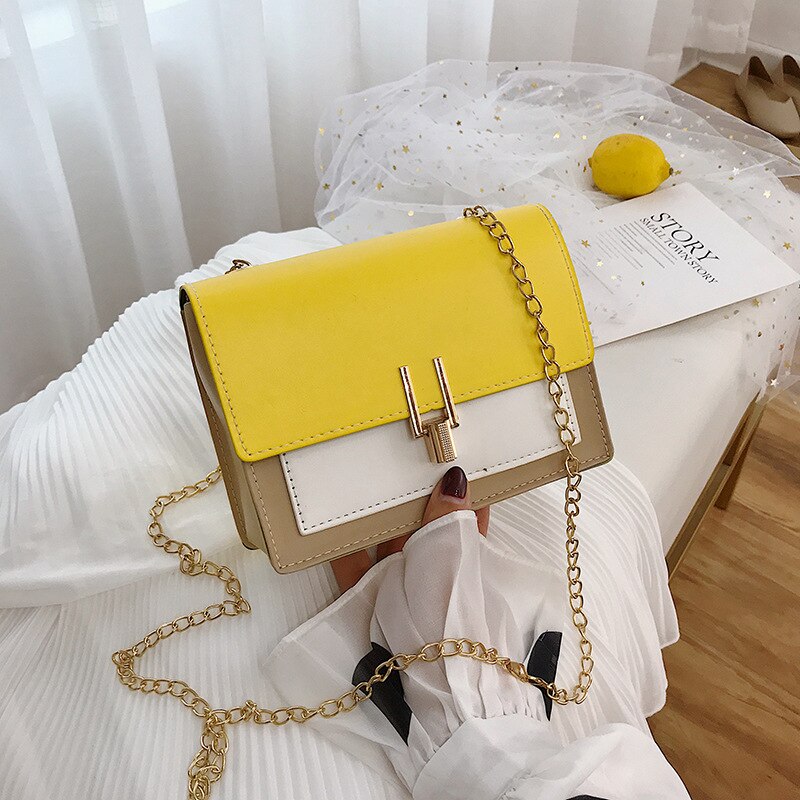 Contrast Color Mini PU Leather Crossbody Bags For Women Woman Shoulder Messenger Bag Travel Lady Flap Handbag: Yellow