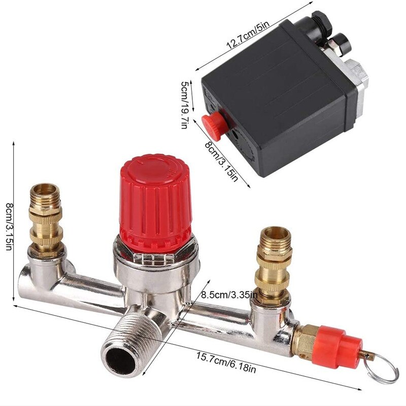 Luftkompressor trykventil switch manifold relief regulator gauges 90-120 psi 230-220v aluminiumslegering beslag