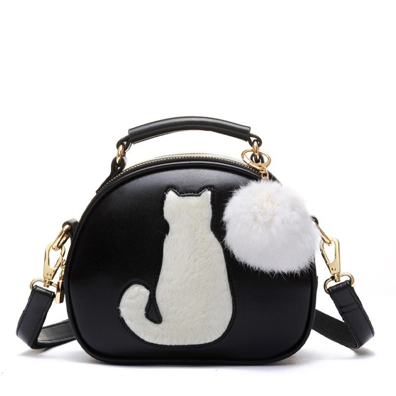 Kvinder håndtaske pu læder taske fuldmåne slik farve sød kat med pels bold kvinder skuldertasker crossbody taske  b014: Sort