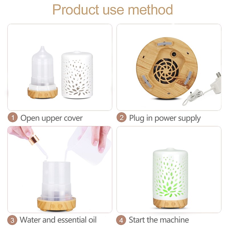 Difusor ultrasónico de cerámica para hogar, humidificador de aire, purificador, atomizador, difusor de aceites esenciales con luces nocturnas de 7 colores