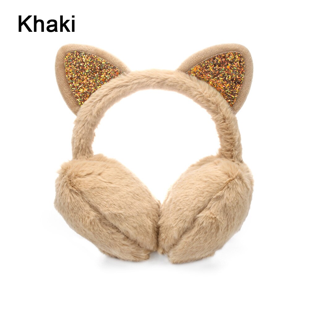 Lovely Winter Ear Muffs Ear Warmer Thicken Plush Unicorn Earmuffs Fluffy Sequin Ear Cover Cute for Cold Weather: Cat-khaki