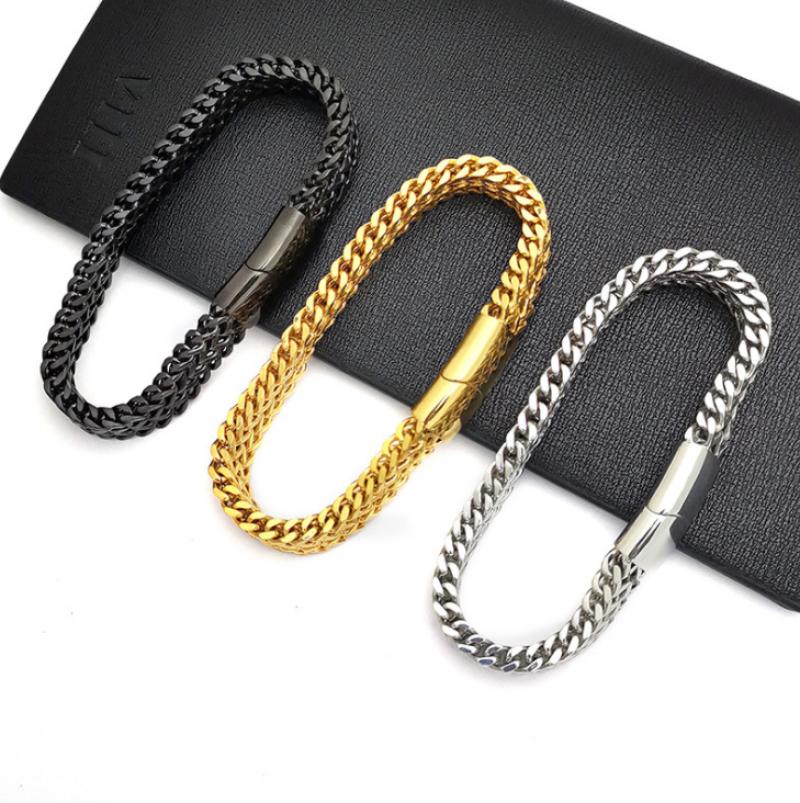 Pulseira cubana de fileira dupla de aço inoxidável com fecho magnético de metal para homens moda casual esportes motociclista joias presente