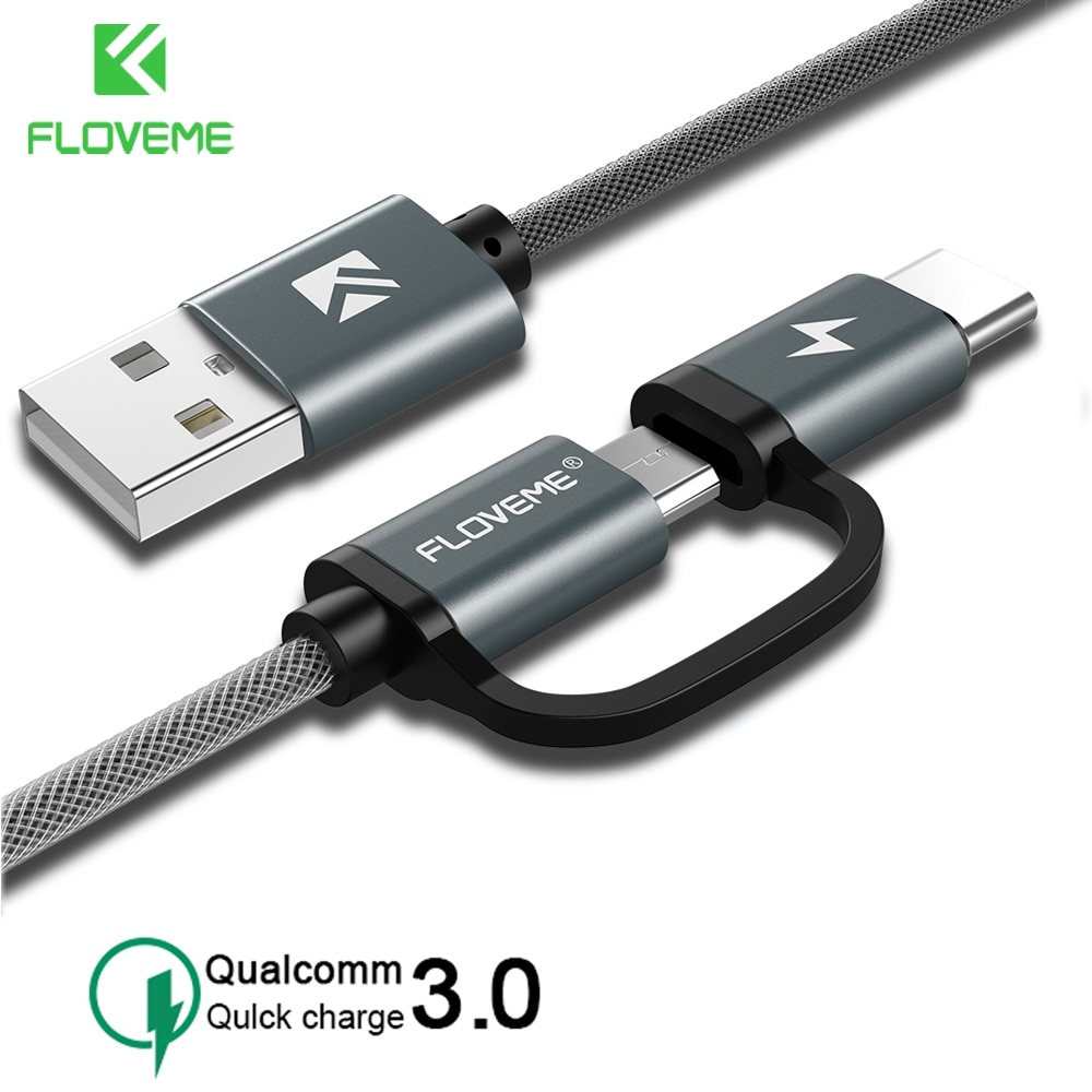 FLOVEME QC 3.0 Type c USB Cable For Samsung Galaxy Note 9 S9 2 in 1 Fast Charge USB Cable For Huawei P20 For Xiaomi Note 5 Pro