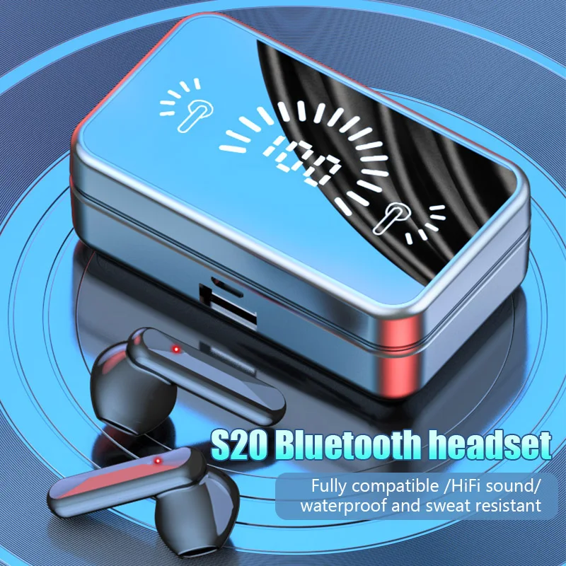 S20 Bluetooth-oortelefoon Koptelefoon Spiegel Draadloze stereoheadset met digitaal display Touch Control Sportoordopjes voor gaming