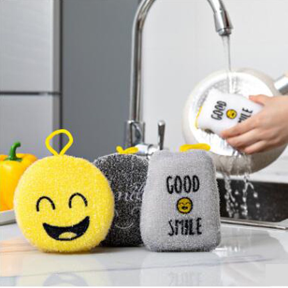 4PCS Multifunctional Kitchen Cleaner Sponges Strong Decontamination Dish Washing Cloth Scouring Pads Smiley Face Thick