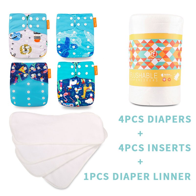 Happyflûte-couche lavable réutilisable, 4 Inserts + 1 couche jetable, taille ajustable, convient aux bébés de 3 à 15KG: SMT008-B17