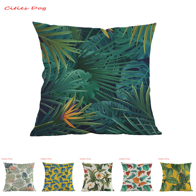 Cojín con de hojas de plantas tropicales, cojines decorativos para kussenhoes, funda de almohada de lino