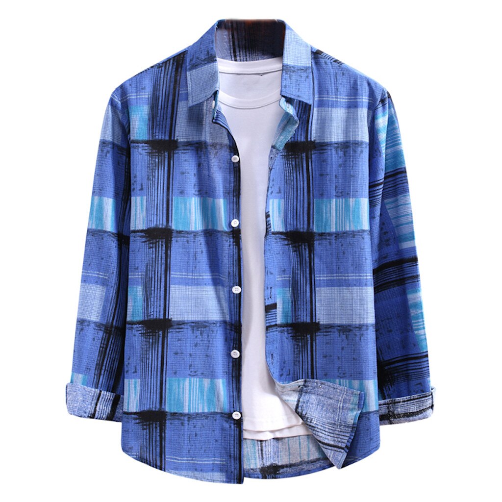 Casual camisa masculina camisa de manga comprida camisa de lapela de impressão xadrez camisa de manga comprida masculina marca baggy camisa casual chemise homme: Azul / S