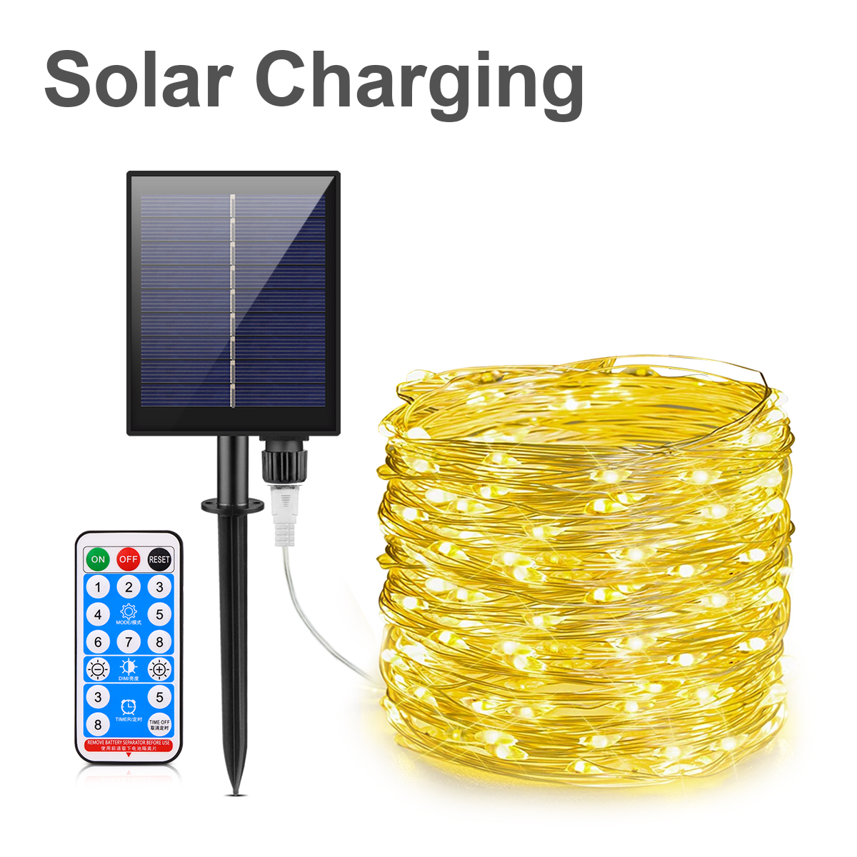 100m 50m ledet-lyslenker i kobbertråd med 1200 mah batteri med stor kapasitet, solcellepanel, utendørs hage, husfest, festival: Varm hvit / 11-15w