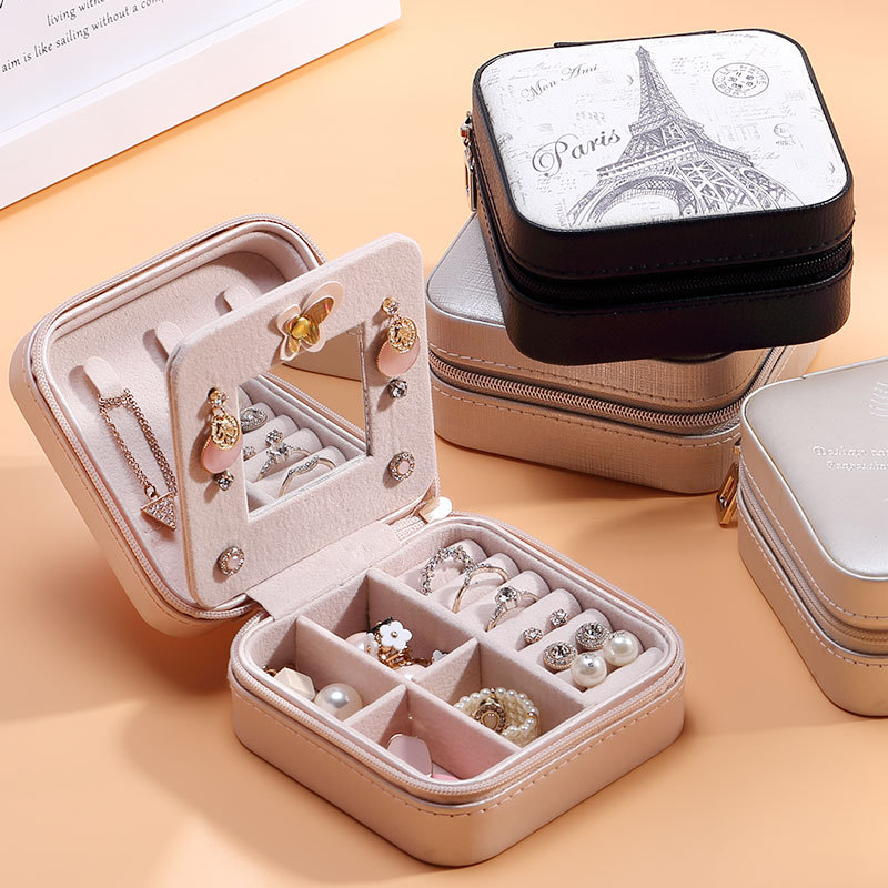 Women's Mini Stud Earrings Rings Jewelry Box Useful Makeup Organizer With Zipper Travel Portable Jewelry Box Display Case