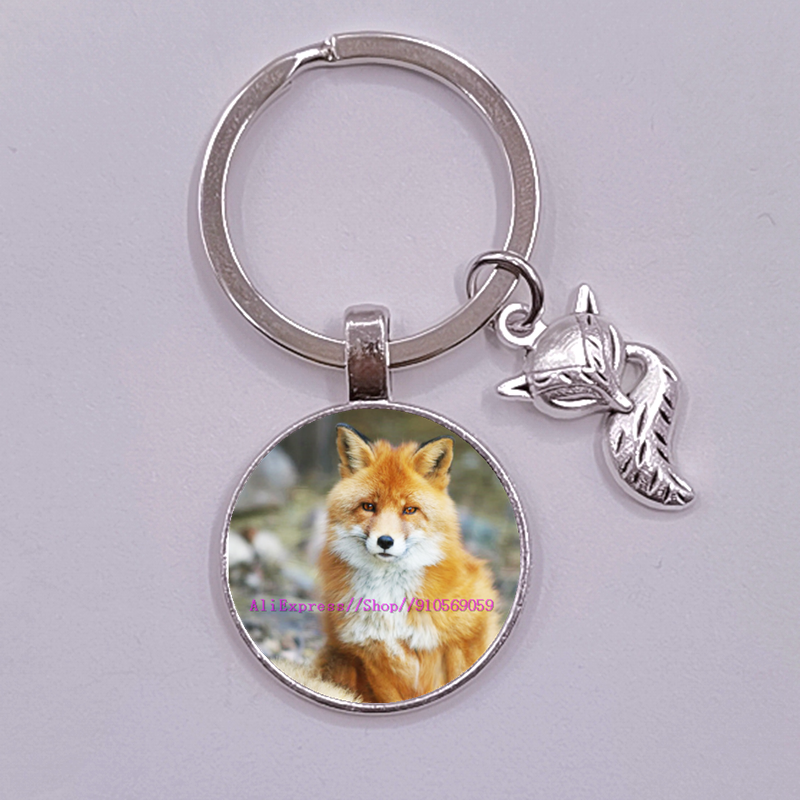 Porte-clés en verre, renard et fleur de dessin animé pour femmes, joli Animal coloré pour filles: Violet foncé