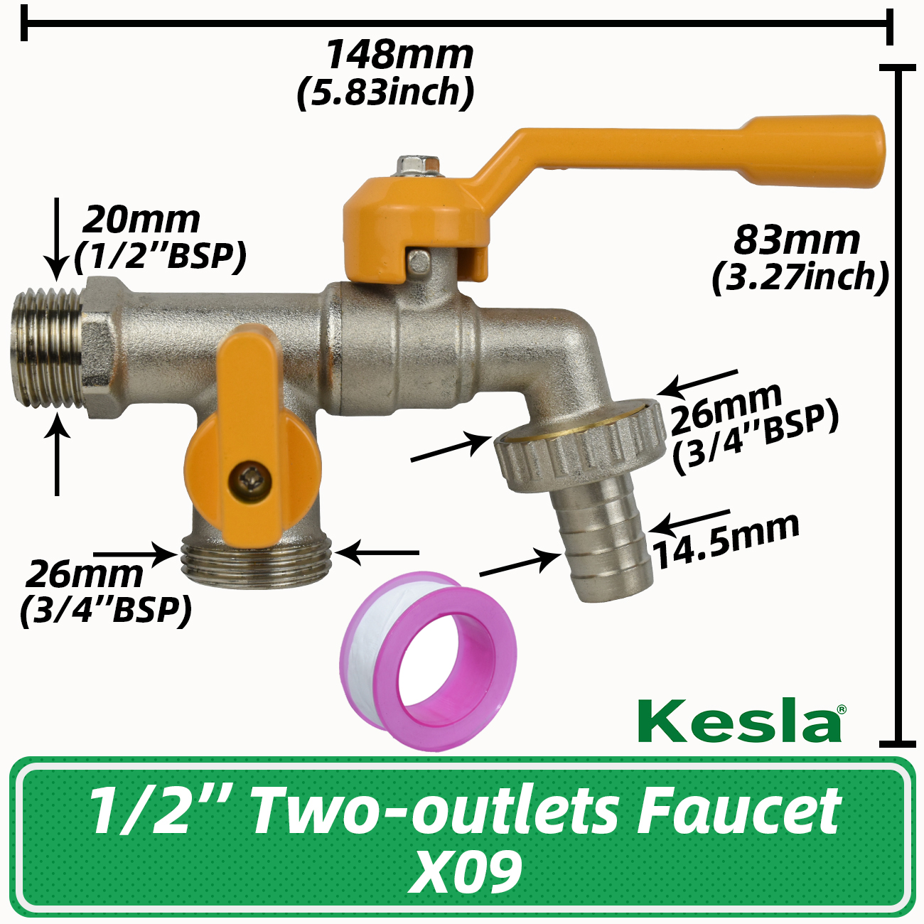 Garden 1/2'' 3/4'' Brass Water Faucet Water Splitter 1-Way 2-Way Connector Coupling Adapter Valve Switch Irrigation Tap Replace: Yellow