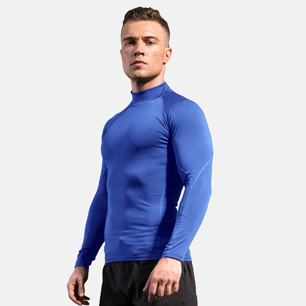 Herren-Kompressionshemden mit Stehkragen und langen Ärmeln, kühl, trocknend, Sonnenschutz, Sport-Strumpfhosen, Unterhemden, Lauf- und Fitnessstudio-Spitzen: M / Blau