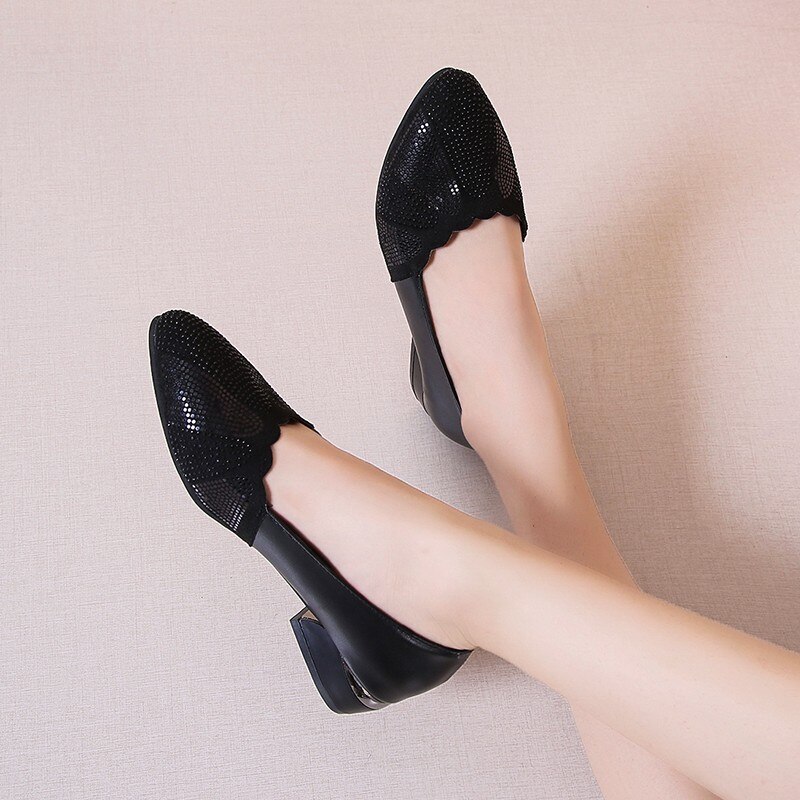Plus Size 41 Bling Women Shoes Low Heels Dress Shoes Black Office Work Shoes Woman Shallow Single Shoes Gold Heeld Crystal N7855