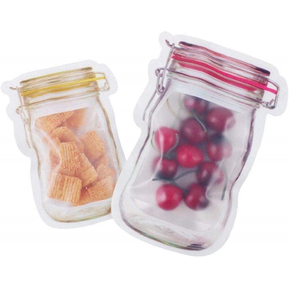 Mason Jar-bolsas de almacenamiento con forma de tarro, para aperitivos, galletas, dulces, frescas, con cierre y cremallera, organizador de pie