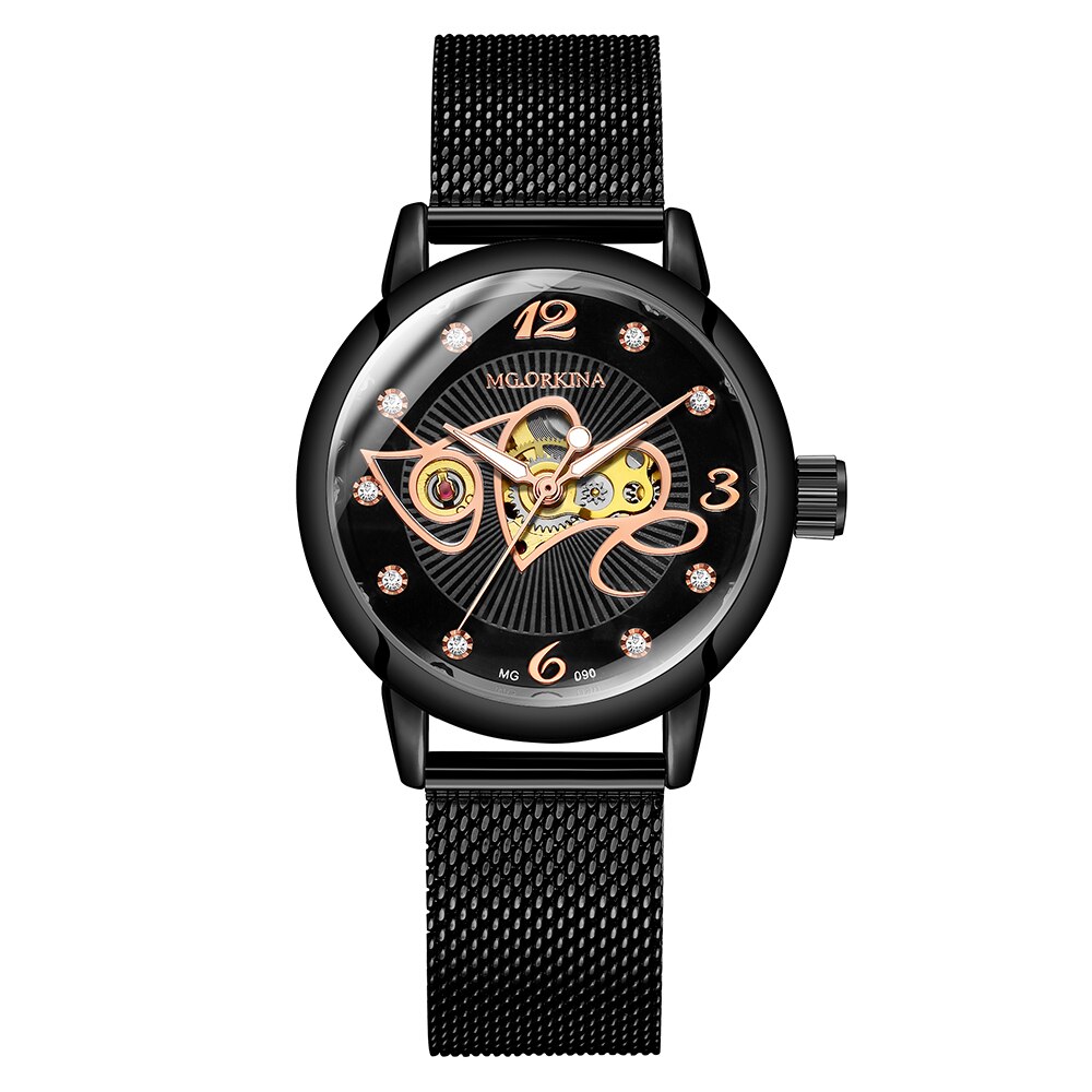 ORKINA Mechanische Frauen Armbinde Uhr Skelett Automatische Armbanduhr Gittergewebe Edelstahl Band Weibliche Uhr schick Reloj Mujer: 090 Schwarz M