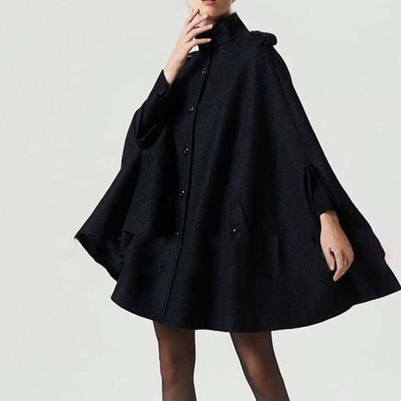 Gothic Vrouwen Wol Cape Jassen Knop Losse Toevallige Bovenkleding High Street Stijlvolle Herfst Winter Warm Overjas Vrouwelijke Zwarte Top Jas