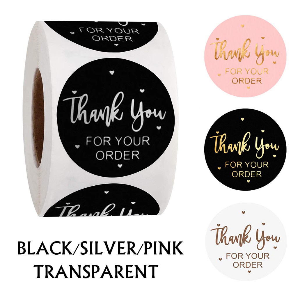 500Pcs "Dank U Voor Uw Bestelling" Sticker Voor Envelop Afdichting Label Zilver Zwart Roze Transparant Goud Sticker briefpapier Supply