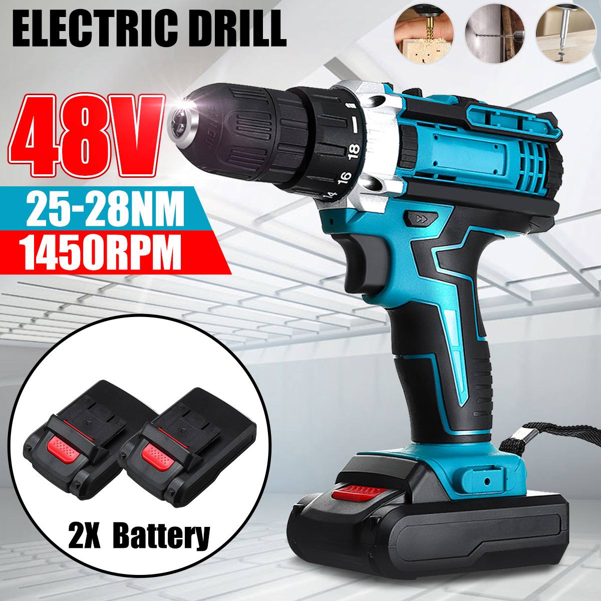 Drillpro-taladro eléctrico inalámbrico de 48V, 18 + 2 Torque, destornillador, mini taladro eléctrico, herramienta eléctrica con 2 piezas de batería de iones de litio