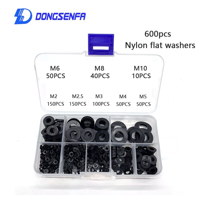 Rondelles plates en plastique Nylon | Blanc/noir M2/M2.5/M3/M4/M5/M6/M8/M10 joints d'espacement d'isolation Kit de 600 pièces