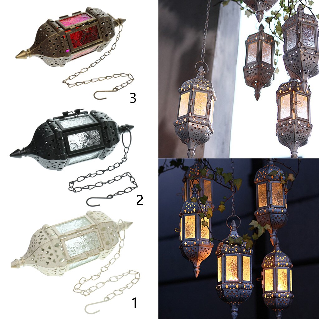 Retro Metal Hanging Candle Lantern Chandelier Moroccan Hollow , 9x9x24cm/3.54x3.54x9.45inch