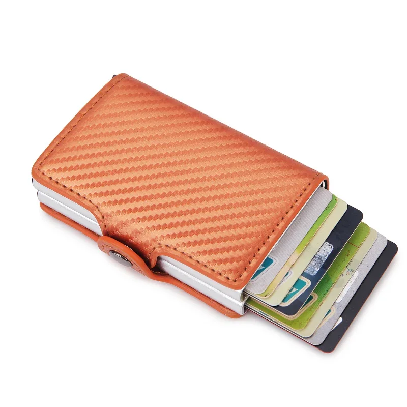Tarjetero antirrobo para hombre, tarjetero con bloqueo Rfid doble, caja de aluminio de seguridad de cuero, monedero de Metal, tarjetero: Naranja