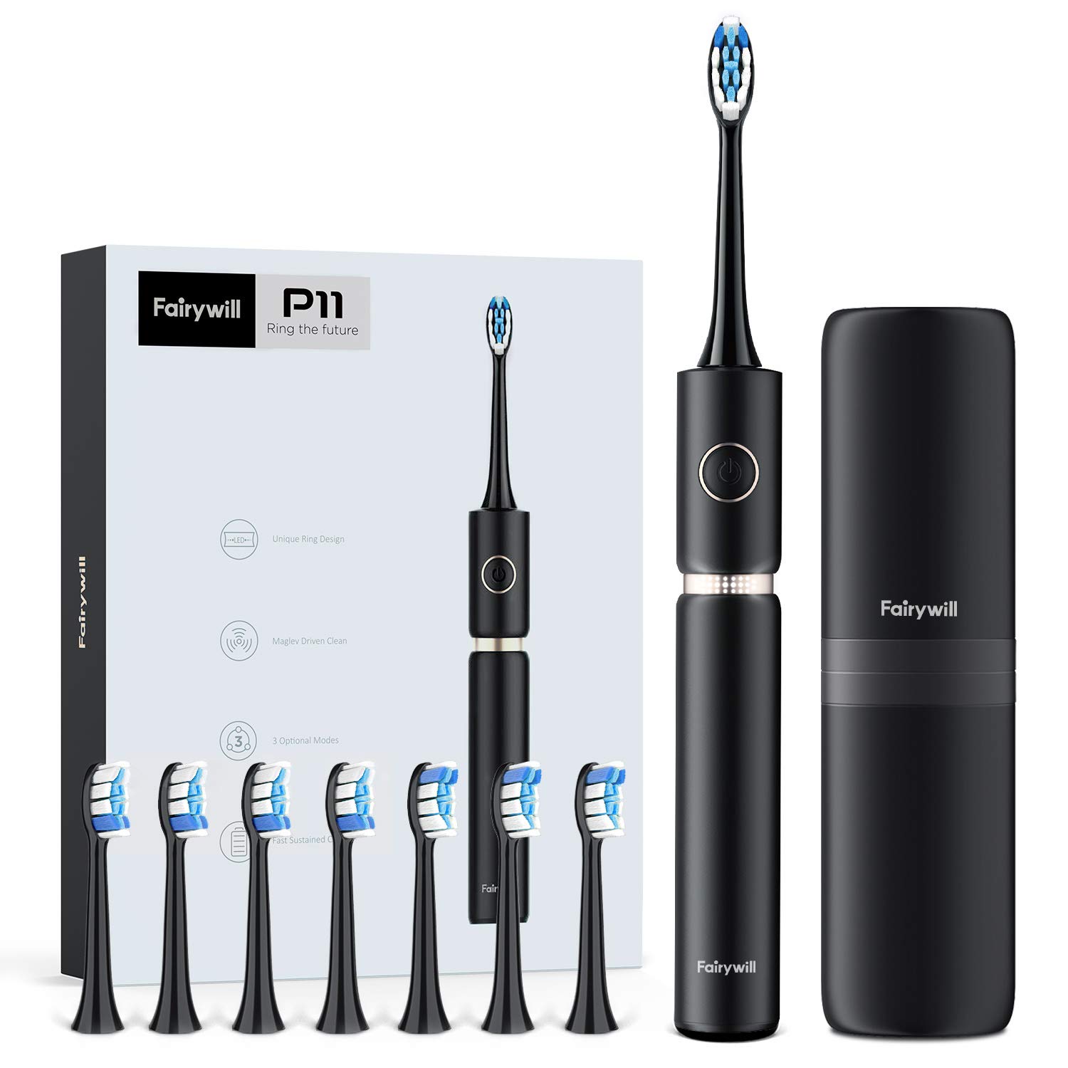 Fairywill-cepillo de dientes eléctrico sónico para adulto, recargable por USB, resistente al agua, 8 cabezales de repuesto: P11